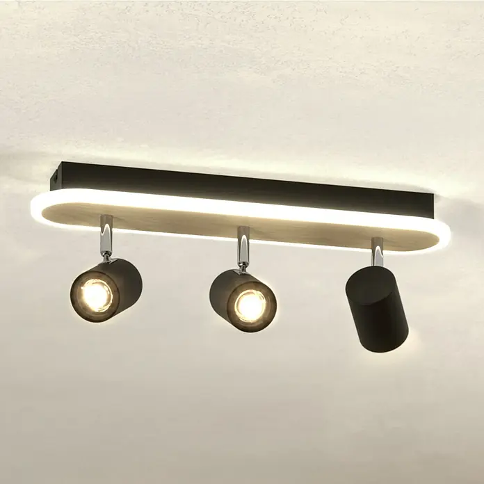 Eglo LED-Deckenstrahler Rimbocchi - 12 W, L x B x H: 46 x 10 x 15 cm, Schwarz, Holz, Warmweiß - Schwarze Deckenleuchte mit drei verstellbaren Strahlern, Holzpaneel und integriertem LED-Band.