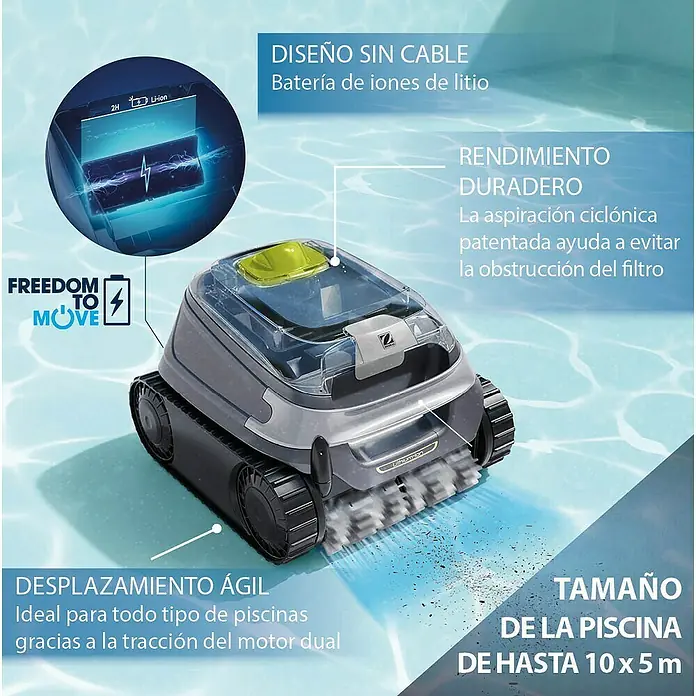 Zodiac Robot de piscina CNX-Li5220 iQ - A batería, Piscinas de hasta 50 m², 15 m³/h - Imagen de un robot limpiafondos inalámbrico con batería de iones de litio, movimiento ágil y un tamaño de piscina de hasta 10 x 5 m.