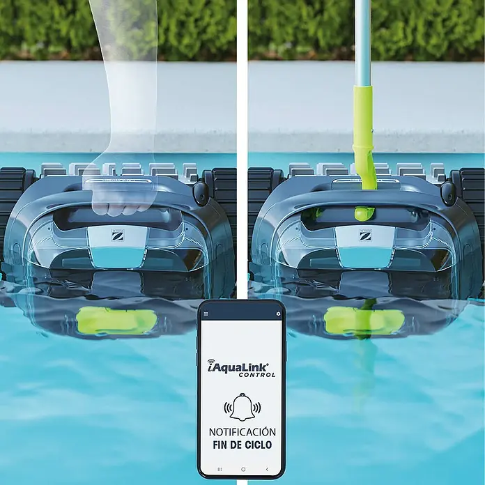 Zodiac Robot de piscina CNX-Li5220 iQ - A batería, Piscinas de hasta 50 m², 15 m³/h - Imagen de un robot limpiafondos Zodiac controlado por una app de smartphone para monitorizar la limpieza.