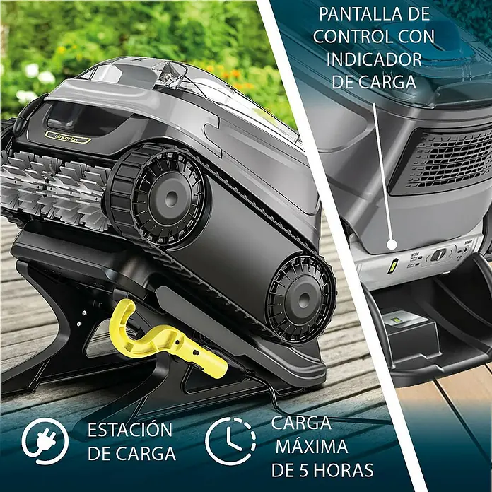 Zodiac Robot de piscina CNX-Li5220 iQ - A batería, Piscinas de hasta 50 m², 15 m³/h - Primer plano de un robot cortacésped en su estación de carga, destacando su diseño y funciones de carga.