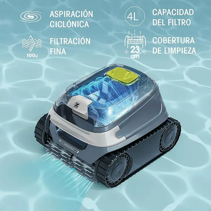 Zodiac Robot de piscina CNX-Li5220 iQ - A batería, Piscinas de hasta 50 m², 15 m³/h - Imagen de un robot limpiafondos Zodiac con especificaciones de capacidad de filtro, cobertura de limpieza y filtración fina.