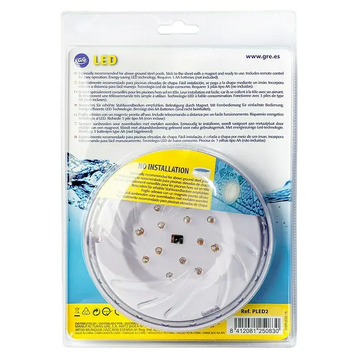 Gre Luz LED para piscinas Proyector - Blanco, LED - Luz LED para piscina Gre: Montaje magnético, eficiencia energética inalámbrica para piscinas de acero. Incluye control remoto.
