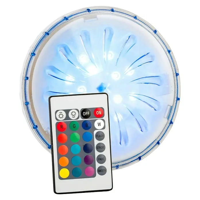 Gre Luz LED para piscinas Proyector Color - Multicolor, LED - Una luz LED subacuática con control remoto. La luz es redonda y emite un resplandor azul.