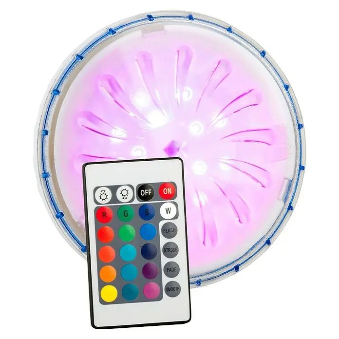 Gre Luz LED para piscinas Proyector Color - Multicolor, LED - Primer plano de una luz LED redonda para piscina con mando a distancia para el control del color y el modo. ¡Ideal para crear ambiente!