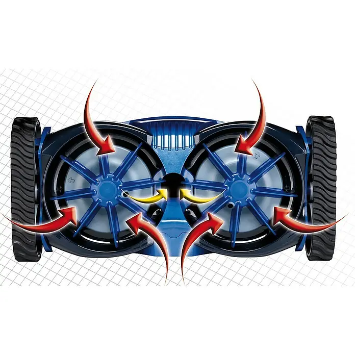 Zodiac Robot de piscina MX8 - Hidráulica, Piscinas hasta 1200 x 600 cm, 14 m³/h - Una máquina de limpieza de piscinas azul se muestra con flechas, representando el interior y cómo funciona el producto.