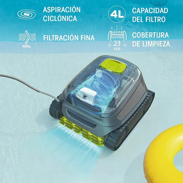 Zodiac Robot de piscina CNX 2020 - Funcionamiento en red, Piscinas de hasta 10 x 5 m, 13 m³/h - La imagen muestra un robot limpiafondos Zodiac gris en el agua, limpiando la piscina con sus cepillos verdes.
