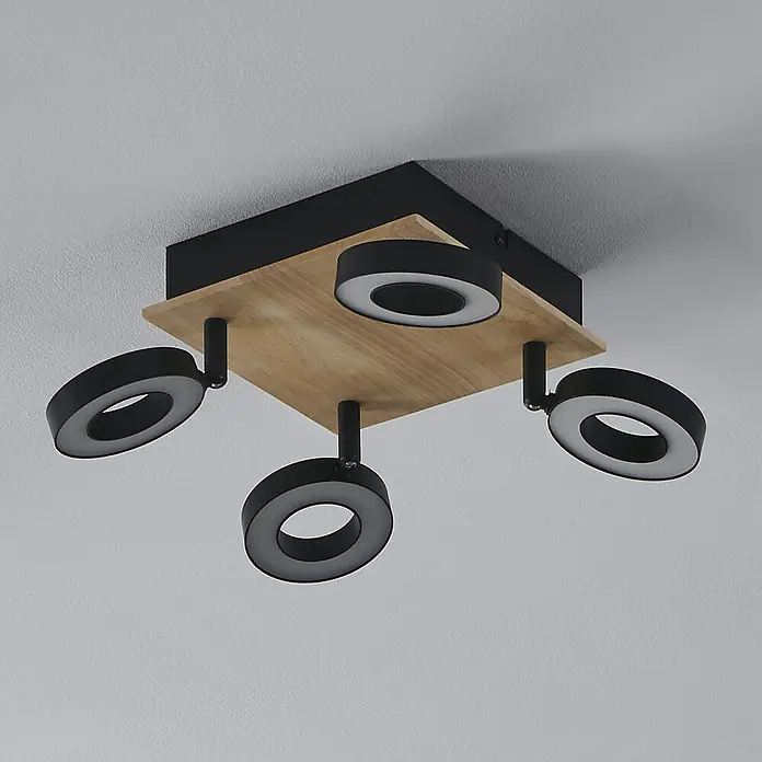 Eglo LED-Einbauleuchte Rielves - 4,2 W, L x B x H: 17 x 7 x 17 cm, Schwarz, Holz, Warmweiß - Quadratische Holz-Deckenleuchte mit vier schwarzen ringförmigen LED-Strahlern.