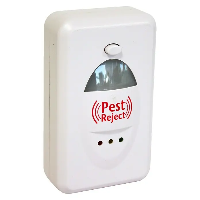 Insektenvernichter Pest Reject - Wirkungsbereich: 200 m², 3,2 W, Kunststoff - Nahaufnahme eines Schädlingsbekämpfungsgeräts mit der Aufschrift "Pest Reject" und LED-Anzeigen, das auf Schädlingsbekämpfung hinweist.