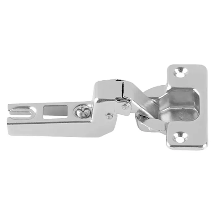 Stabilit Bisagra de cazoleta - Tope interior, Diámetro cazoleta: 35 mm, Ángulo de apertura: 110 °, Cierre automático - Primer plano de una bisagra metálica para muebles. La bisagra es brillante y muestra las diversas partes y puntos de unión.