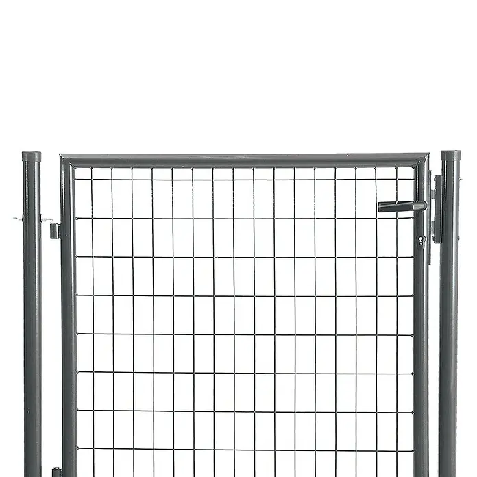 Puerta de valla Residencial - 100 x 100 cm, Gris, Metal - Primer plano de una puerta de valla metálica gris con un mecanismo de cierre simple, ideal para uso en exteriores.