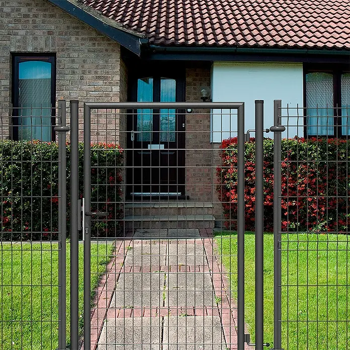 Puerta de valla Residencial - 100 x 150 cm, Gris, Metal - Puerta de jardín de malla metálica en antracita. La puerta, con manija y cerradura, garantiza un acceso seguro a la propiedad.