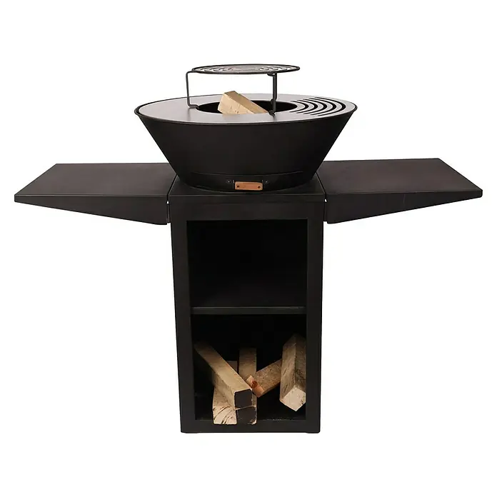 Purline Barbacoa de carbón EFP57B - Diámetro de la superficie de la parrilla: 60 cm, Negro - Elegante fogata con estantes laterales y almacenamiento de leña. Diseño sofisticado para reuniones al aire libre.