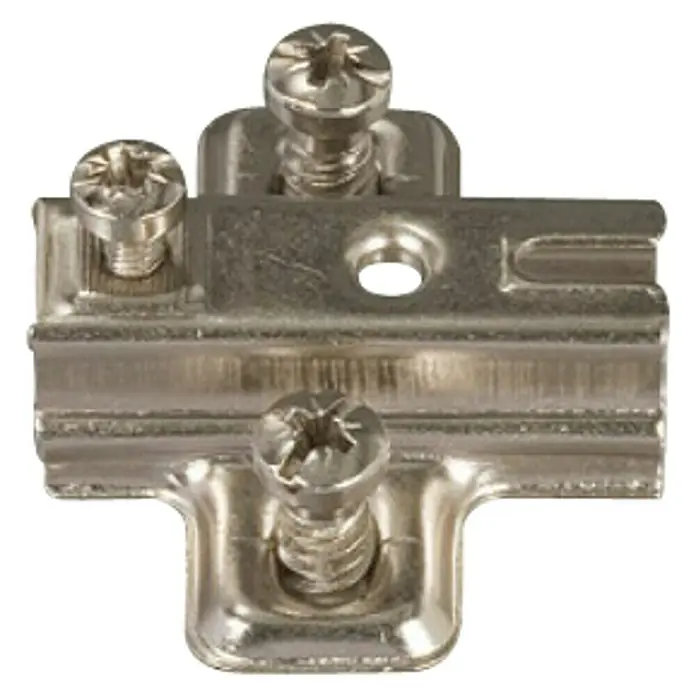 Stabilit Placa de montaje - Distancia entre orificios: 32 mm - Primer plano de una placa de montaje con tres tornillos, utilizada para herrajes de muebles.