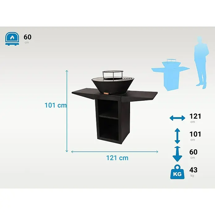 Purline Barbacoa de carbón EFP57B - Diámetro de la superficie de la parrilla: 60 cm, Negro - Ilustración de una parrilla negra con estantes y estantes laterales, incluidas las dimensiones.