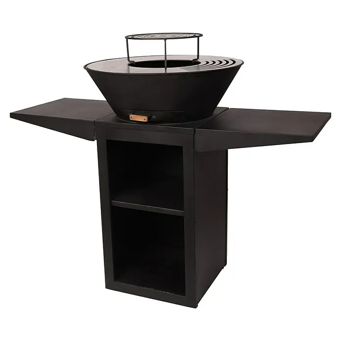 Purline Barbacoa de carbón EFP57B - Diámetro de la superficie de la parrilla: 60 cm, Negro - La moderna parrilla negra con mesas laterales y estanterías ofrece un amplio espacio para las preparaciones de cocina al aire libre.