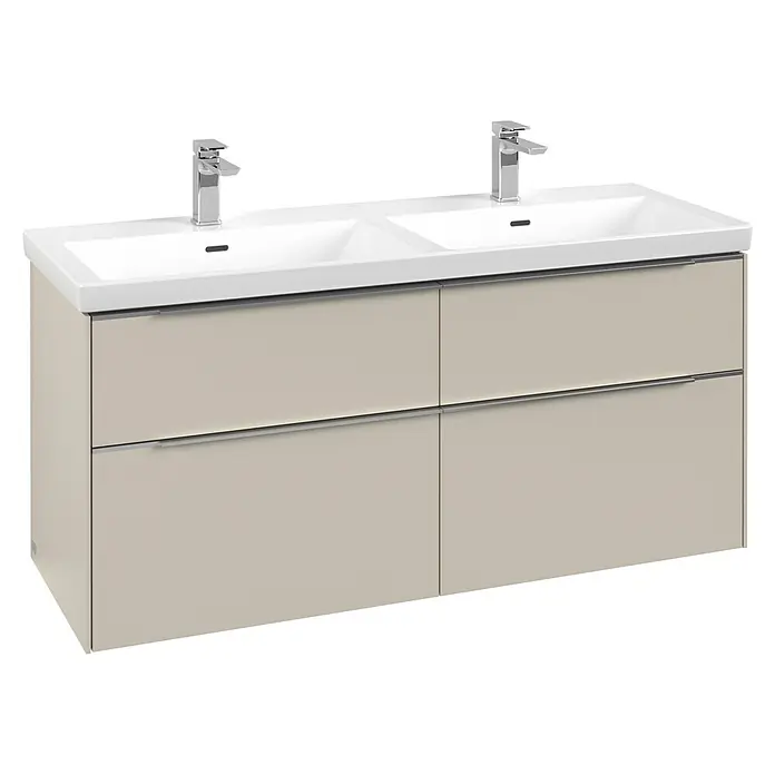 Villeroy & Boch Subway 3.0 Waschbeckenunterschrank - Cashmere Grey, Anzahl Schubladen: 4 Stk., Farbe Griff: Aluminium glänzend, B x T x H: 127,2 x 47,8 x 57,6 cm, Mit Beleuchtung, Geeignet für Doppelwaschtisch - Doppelwaschtisch mit zwei weißen Keramikbecken und Chromarmaturen, auf einem hellbeigen Schrank mit vier Schubladen.
