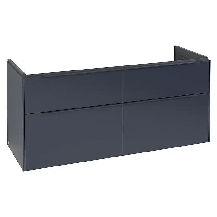 Villeroy & Boch Subway 3.0 Waschbeckenunterschrank - Marine Blue, Anzahl Schubladen: 4 Stk., Farbe Griff: Monochrom, B x T x H: 127,2 x 47,8 x 57,6 cm, Mit Beleuchtung, Geeignet für Doppelwaschtisch - Dunkelgrauer wandmontierter Waschtischunterschrank mit vier grifflosen Schubladen.