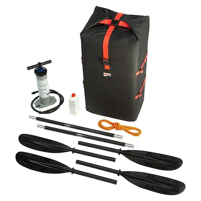Grabner Zubehör-Set Standard - Passend für: Grabner Boote Tramper/Holiday 2/Holiday 3/Mega, 6 -tlg. - Schlauchboot-Set mit schwarzer Transporttasche, Handpumpe, zwei zerlegten Paddeln und orangefarbenem Seil.
