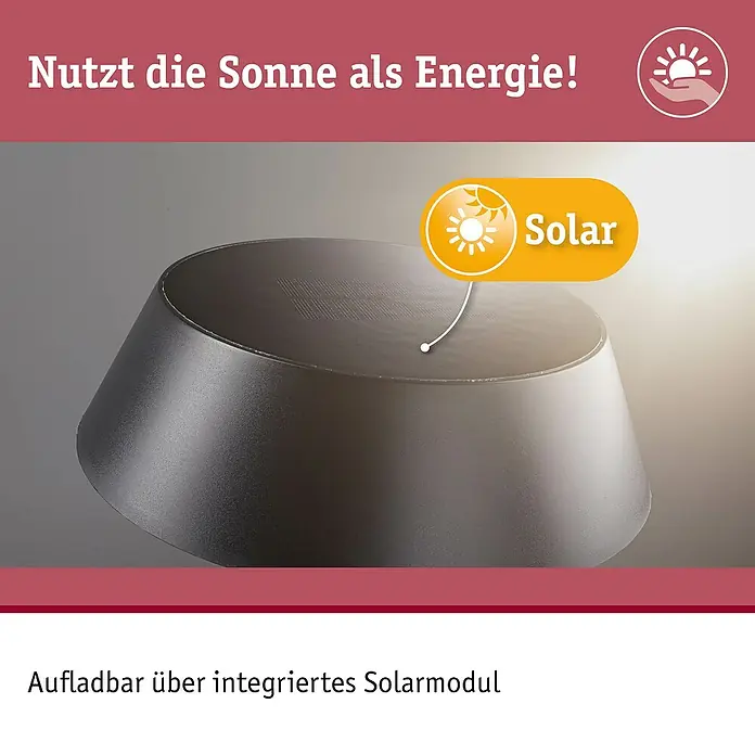 Paulmann Solar-Tischleuchte Soala - 32 W, Schwarz, IP44 - Dunkelgraue konische Solarlampe mit integriertem Solarpanel oben.