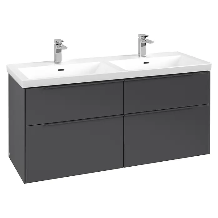 Villeroy & Boch Subway 3.0 Waschbeckenunterschrank - Graphite, Anzahl Schubladen: 4 Stk., Farbe Griff: Monochrom, B x T x H: 127,2 x 47,8 x 57,6 cm, Geeignet für Doppelwaschtisch - Dunkelgrauer Doppelwaschtisch mit vier Schubladen, zwei weißen Keramikwaschbecken und zwei Chromarmaturen.