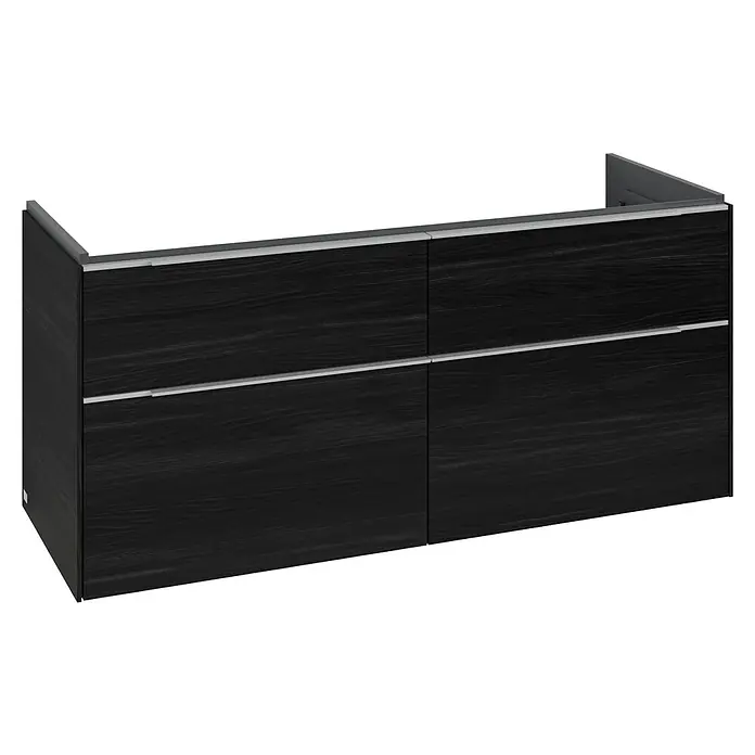 Villeroy & Boch Subway 3.0 Waschbeckenunterschrank - Black Oak, Anzahl Schubladen: 4 Stk., Farbe Griff: Aluminium glänzend, B x T x H: 127,2 x 47,8 x 57,6 cm, Mit Beleuchtung, Geeignet für Doppelwaschtisch - Schwarzer wandhängender Waschtischunterschrank mit Holzmaserung, zwei Schubladen und silbernen Griffleisten.