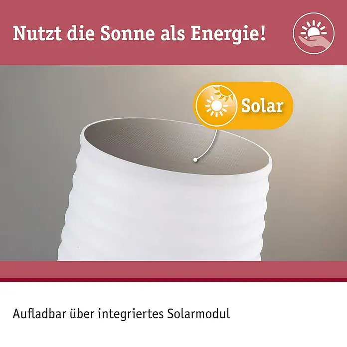 Paulmann Solar-Tischleuchte Ilanga - 32 W, Weiß/ Anthrazit, IP44 - Weiße, gerippte Zylinderlampe mit integriertem Solarpanel auf der Oberseite zum Aufladen.