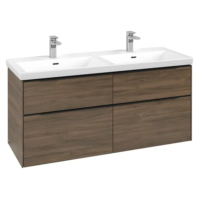 Villeroy & Boch Subway 3.0 Waschbeckenunterschrank - Arizona Oak, Anzahl Schubladen: 4 Stk., Farbe Griff: Volcano Black, B x T x H: 127,2 x 47,8 x 57,6 cm, Mit Beleuchtung, Geeignet für Doppelwaschtisch - Doppelter Waschtisch mit zwei weißen Waschbecken, Chromarmaturen und einem dunklen Holz-Unterschrank mit vier Schubladen.