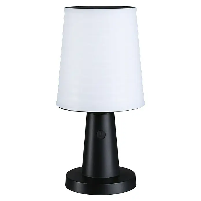 Paulmann Lámpara de sobremesa solar Ilanga - Potencia máx. del sistema: 32 W, Gris/ Blanco - Lámpara de mesa cónica blanca con base cónica negra y botón de encendido integrado.