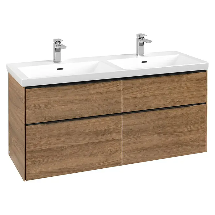 Villeroy & Boch Subway 3.0 Waschbeckenunterschrank - Kansas Oak, Anzahl Schubladen: 4 Stk., Farbe Griff: Volcano Black, B x T x H: 127,2 x 47,8 x 57,6 cm, Mit Beleuchtung, Geeignet für Doppelwaschtisch - Modernes Doppelwaschtischunterschrank mit zwei weißen Keramikwaschbecken, zwei Chromarmaturen und vier hellen Holzschubladen.