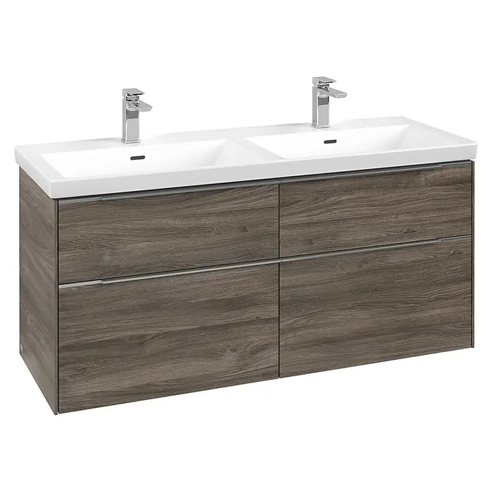 Villeroy & Boch Subway 3.0 Waschbeckenunterschrank - Stone Oak, Anzahl Schubladen: 4 Stk., Farbe Griff: Aluminium glänzend, B x T x H: 127,2 x 47,8 x 57,6 cm, Mit Beleuchtung, Geeignet für Doppelwaschtisch - Doppelwaschtisch mit weißen Keramikbecken, Chromarmaturen und dunklem Holzmaserungsschrank mit vier Schubladen.