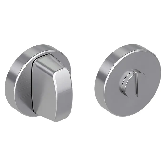 Diamond Doors Schlüsselschild - Durchmesser Rosette: 51 mm, Schlitzkopf/Olive, Edelstahl matt - Set aus zwei silberfarbenen, gebürsteten Metall-WC-Schlössern, eines mit Drehknauf, das andere mit Notentriegelungsschlitz.