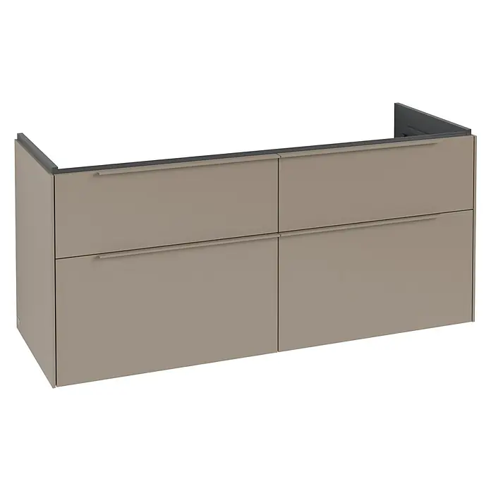 Villeroy & Boch Subway 3.0 Waschbeckenunterschrank - Taupe, Anzahl Schubladen: 4 Stk., Farbe Griff: Monochrom, B x T x H: 127,2 x 47,8 x 57,6 cm, Geeignet für Doppelwaschtisch - Taupefarbener Hängewaschtisch mit vier Schubladen und dunkelgrauer Oberseite.