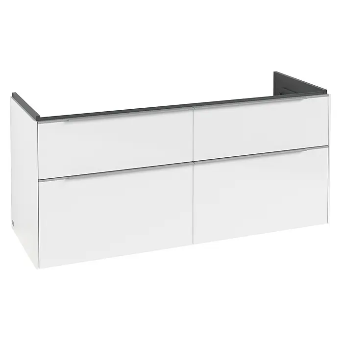 Villeroy & Boch Subway 3.0 Waschbeckenunterschrank - Brilliant White, Anzahl Schubladen: 4 Stk., Farbe Griff: Aluminium glänzend, B x T x H: 127,2 x 47,8 x 57,6 cm, Mit Beleuchtung, Geeignet für Doppelwaschtisch - Moderner weißer Badunterschrank mit vier Schubladen und dunkelgrauer Oberkante.