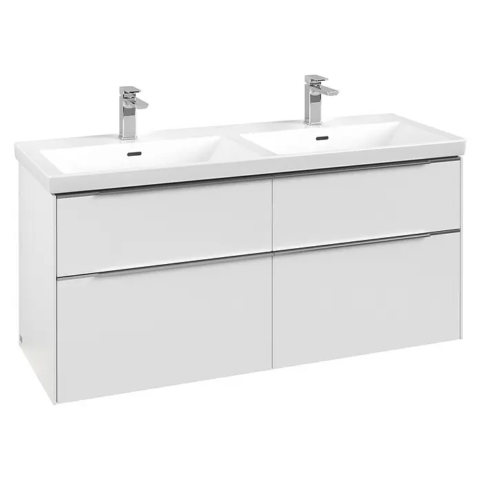 Villeroy & Boch Subway 3.0 Waschbeckenunterschrank - Pure White, Anzahl Schubladen: 4 Stk., Farbe Griff: Aluminium glänzend, B x T x H: 127,2 x 47,8 x 57,6 cm, Mit Beleuchtung, Geeignet für Doppelwaschtisch - Weißer Doppelwaschtisch mit integrierten Becken, zwei Chromarmaturen und vier weißen Schubladen mit integrierten Griffen.