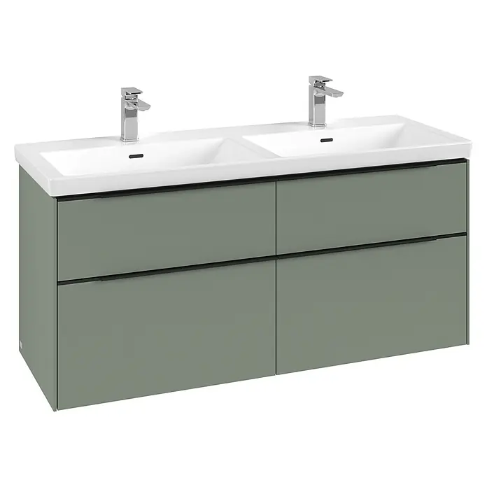 Villeroy & Boch Subway 3.0 Waschbeckenunterschrank - Soft Green, Anzahl Schubladen: 4 Stk., Farbe Griff: Volcano Black, B x T x H: 127,2 x 47,8 x 57,6 cm, Geeignet für Doppelwaschtisch - Salbeigrüner Doppelwaschtisch mit zwei weißen Keramikbecken und Chromarmaturen, mit vier Schubladen mit schwarzen Griffen.