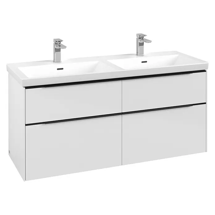 Villeroy & Boch Subway 3.0 Waschbeckenunterschrank - Brilliant White, Anzahl Schubladen: 4 Stk., Farbe Griff: Volcano Black, B x T x H: 127,2 x 47,8 x 57,6 cm, Geeignet für Doppelwaschtisch - Weißer Doppelwaschtisch mit zwei integrierten Waschbecken, zwei Chromarmaturen und vier Schubladen mit schwarzen Griffleisten.
