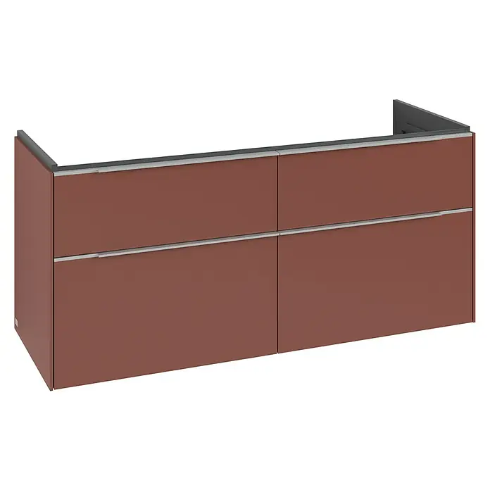 Villeroy & Boch Subway 3.0 Waschbeckenunterschrank - Wine Red, Anzahl Schubladen: 4 Stk., Farbe Griff: Aluminium glänzend, B x T x H: 127,2 x 47,8 x 57,6 cm, Mit Beleuchtung, Geeignet für Doppelwaschtisch - Rostbrauner Hängeschrank mit vier Schubladen und integrierten silbernen Griffleisten.