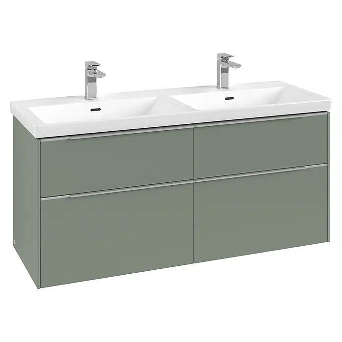 Villeroy & Boch Subway 3.0 Waschbeckenunterschrank - Soft Green, Anzahl Schubladen: 4 Stk., Farbe Griff: Aluminium glänzend, B x T x H: 127,2 x 47,8 x 57,6 cm, Mit Beleuchtung, Geeignet für Doppelwaschtisch - Salbeigrüner Doppelwaschtisch mit zwei weißen Waschbecken und Chromarmaturen, mit vier Schubladen.