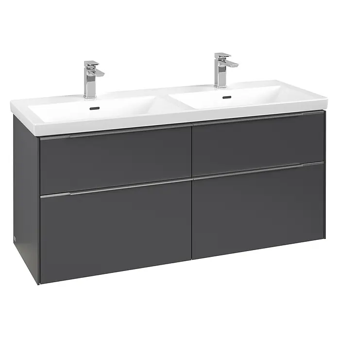 Villeroy & Boch Subway 3.0 Waschbeckenunterschrank - Graphite, Anzahl Schubladen: 4 Stk., Farbe Griff: Aluminium glänzend, B x T x H: 127,2 x 47,8 x 57,6 cm, Mit Beleuchtung, Geeignet für Doppelwaschtisch - Dunkelgrauer Doppelwaschtisch mit zwei weißen Keramikbecken und Chromarmaturen.