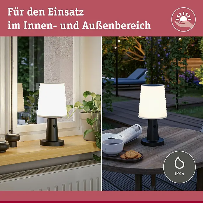 Paulmann Solar-Tischleuchte Ilanga - 32 W, Weiß/ Anthrazit, IP44 - Schwarze Tischlampe mit weißem Schirm, drinnen auf Fensterbank und draußen auf Gartentisch, für Innen- und Außenbereich geeignet.