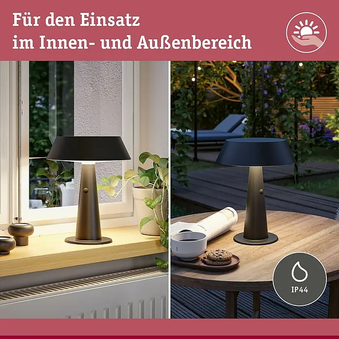 Paulmann Solar-Tischleuchte Soala - 32 W, Schwarz, IP44 - Dunkle, konische Tischlampe mit breitem Schirm, für den Innen- und Außenbereich geeignet.