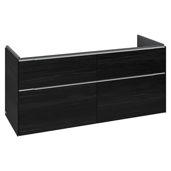 Villeroy & Boch Subway 3.0 Waschbeckenunterschrank - Black Oak, Anzahl Schubladen: 4 Stk., Farbe Griff: Aluminium glänzend, B x T x H: 127,2 x 47,8 x 57,6 cm, Geeignet für Doppelwaschtisch - Dunkler Holz-Hängeschrank mit vier Schubladen und silberfarbenen Griffen, Holzmaserung sichtbar.