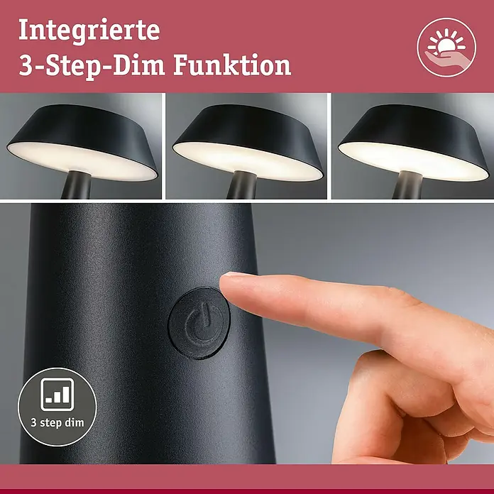 Paulmann Solar-Tischleuchte Soala - 32 W, Schwarz, IP44 - Schwarze Tischlampe mit 3-Stufen-Dimmfunktion.