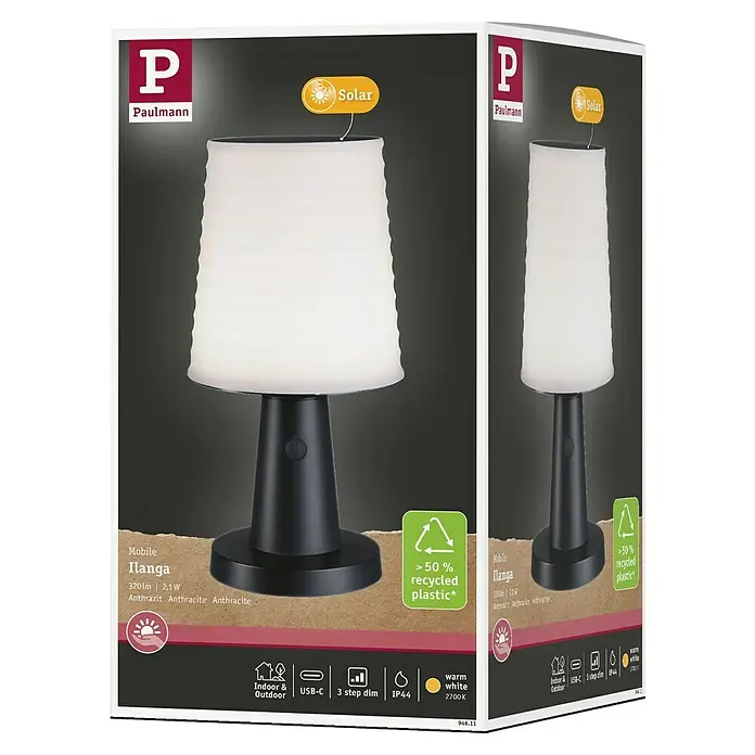 Paulmann Solar-Tischleuchte Ilanga - 32 W, Weiß/ Anthrazit, IP44 - Anthrazitfarbene Paulmann Mobile Ilanga Solarlampe aus recyceltem Kunststoff.