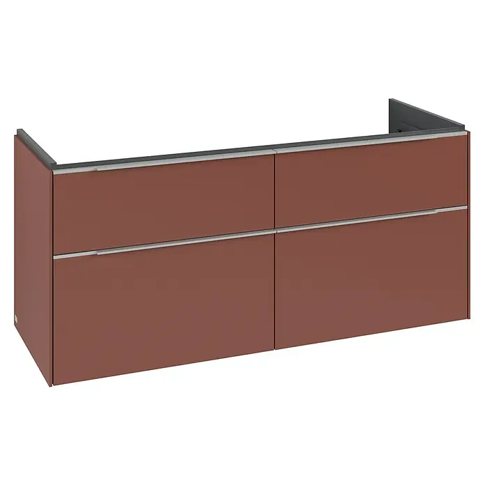 Villeroy & Boch Subway 3.0 Waschbeckenunterschrank - Wine Red, Anzahl Schubladen: 4 Stk., Farbe Griff: Aluminium glänzend, B x T x H: 127,2 x 47,8 x 57,6 cm, Geeignet für Doppelwaschtisch - Moderner rotbrauner Hängeschrank mit vier Schubladen und silbernen Griffen.