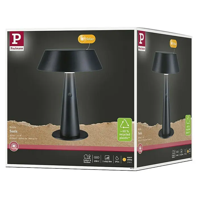 Paulmann Solar-Tischleuchte Soala - 32 W, Schwarz, IP44 - Schwarze Paulmann Soala mobile Solartischleuchte mit USB-C, 3-Stufen-Dimmung, >60% recyceltem Kunststoff, für Innen/Außen.