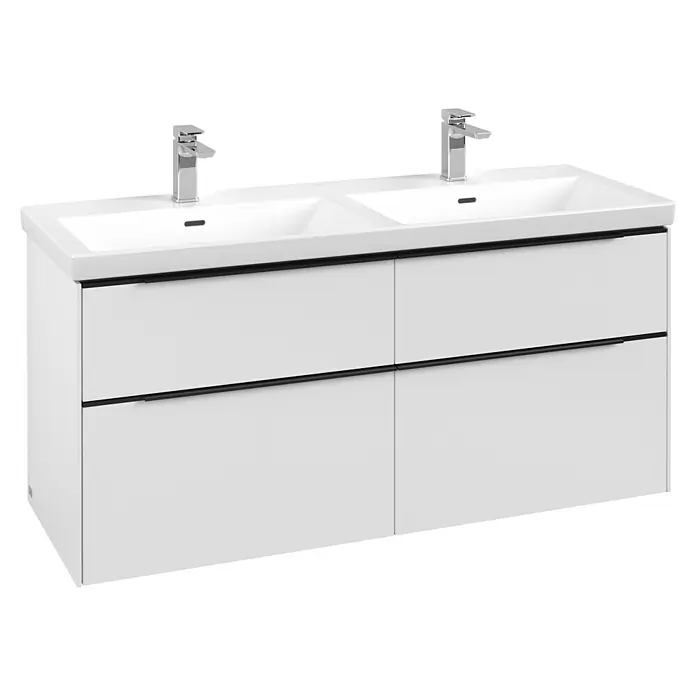 Villeroy & Boch Subway 3.0 Waschbeckenunterschrank - Pure White, Anzahl Schubladen: 4 Stk., Farbe Griff: Volcano Black, B x T x H: 127,2 x 47,8 x 57,6 cm, Geeignet für Doppelwaschtisch - Weißer Doppelwaschtisch mit zwei Waschbecken, Chromarmaturen und schwarzen integrierten Griffen an vier Schubladen.