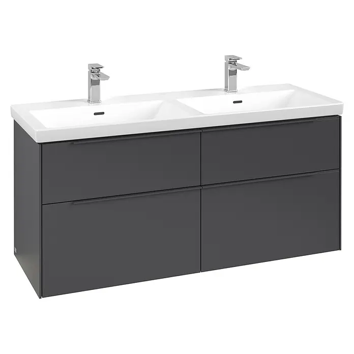 Villeroy & Boch Subway 3.0 Waschbeckenunterschrank - Graphite, Anzahl Schubladen: 4 Stk., Farbe Griff: Monochrom, B x T x H: 127,2 x 47,8 x 57,6 cm, Mit Beleuchtung, Geeignet für Doppelwaschtisch - Moderner dunkelgrauer Doppelwaschtisch mit zwei weißen Keramikwaschbecken und Chromarmaturen.