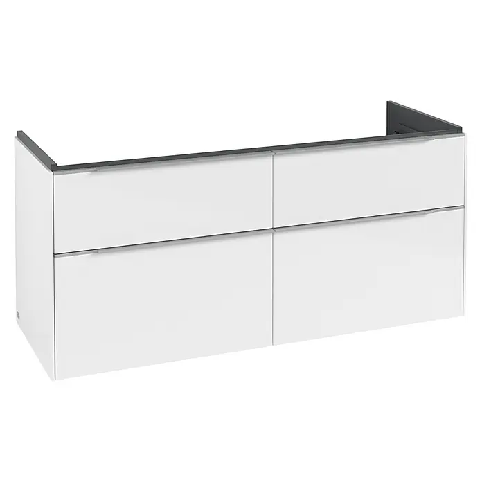 Villeroy & Boch Subway 3.0 Waschbeckenunterschrank - Brilliant White, Anzahl Schubladen: 4 Stk., Farbe Griff: Aluminium glänzend, B x T x H: 127,2 x 47,8 x 57,6 cm, Geeignet für Doppelwaschtisch - Weißer wandmontierter Badunterschrank mit vier grifflosen Schubladen und dunkelgrauer Oberkante.
