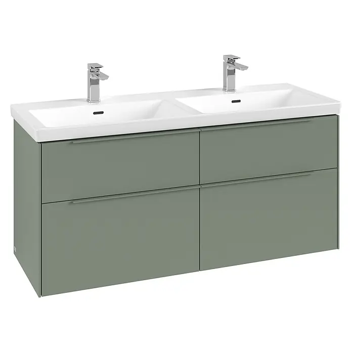 Villeroy & Boch Subway 3.0 Waschbeckenunterschrank - Soft Green, Anzahl Schubladen: 4 Stk., Farbe Griff: Monochrom, B x T x H: 127,2 x 47,8 x 57,6 cm, Mit Beleuchtung, Geeignet für Doppelwaschtisch - Grüner Doppelwaschtisch mit zwei weißen Keramikwaschbecken, zwei Chromarmaturen und vier Schubladen mit integrierten Griffen.